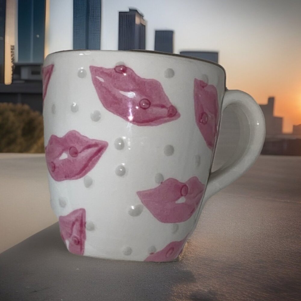 Hand-Painted Ceramic Mug With Pink Lips & Raised Polka Dot Design Made In Italy